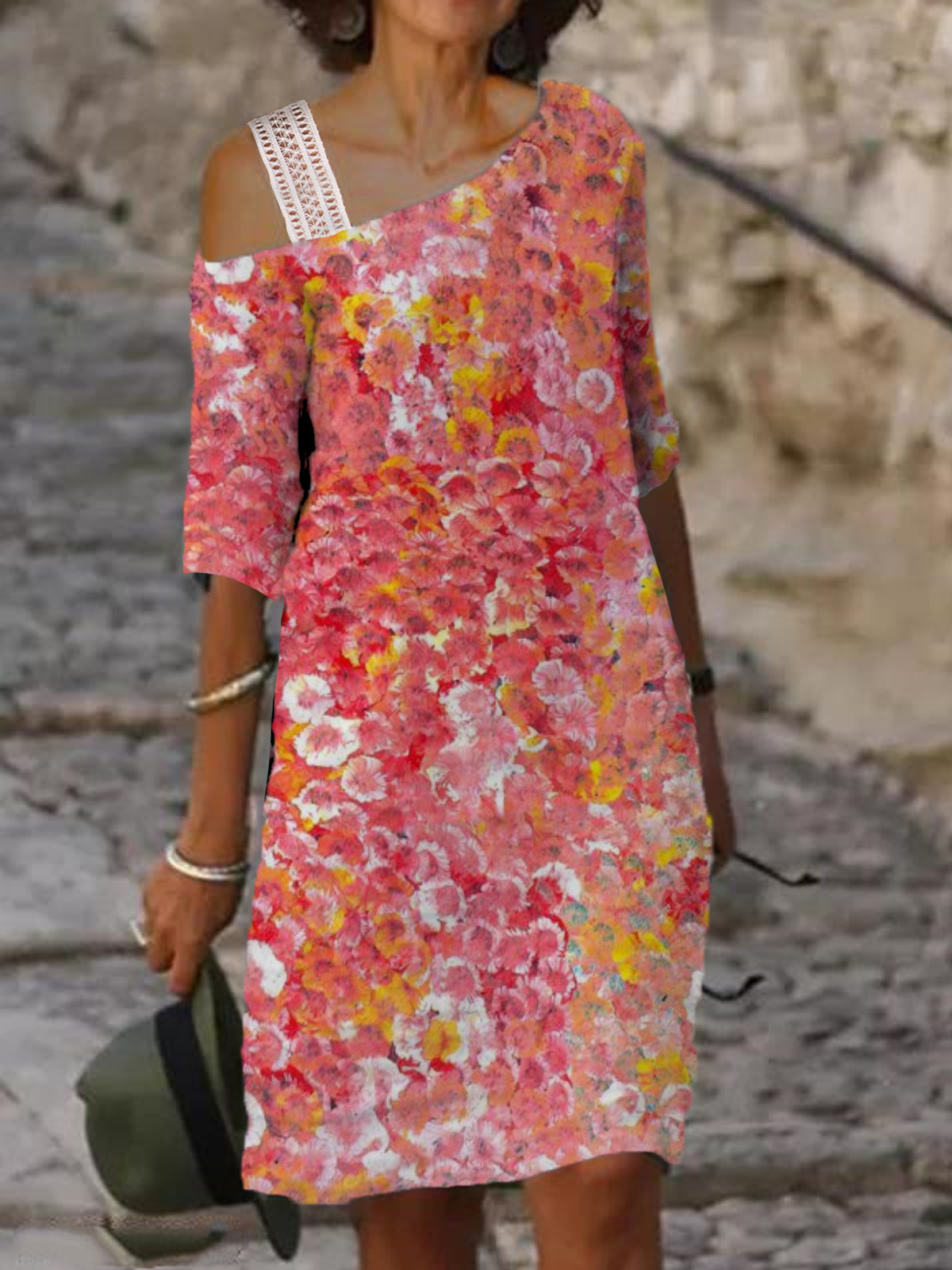 Floral Print Lace Trim One Shoulder Midi Dress