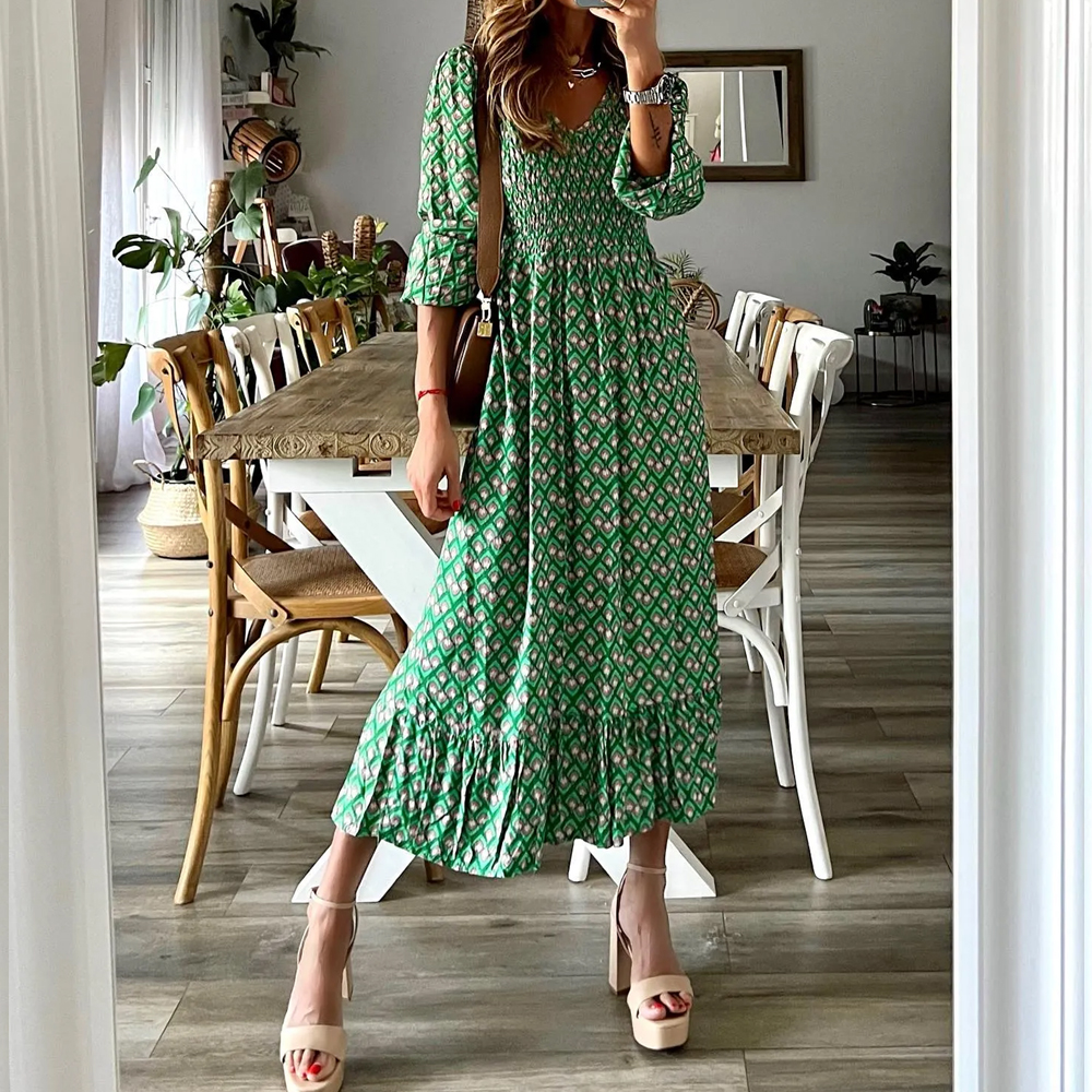 Geo Print Smocking V neck Maxi Dress Boho