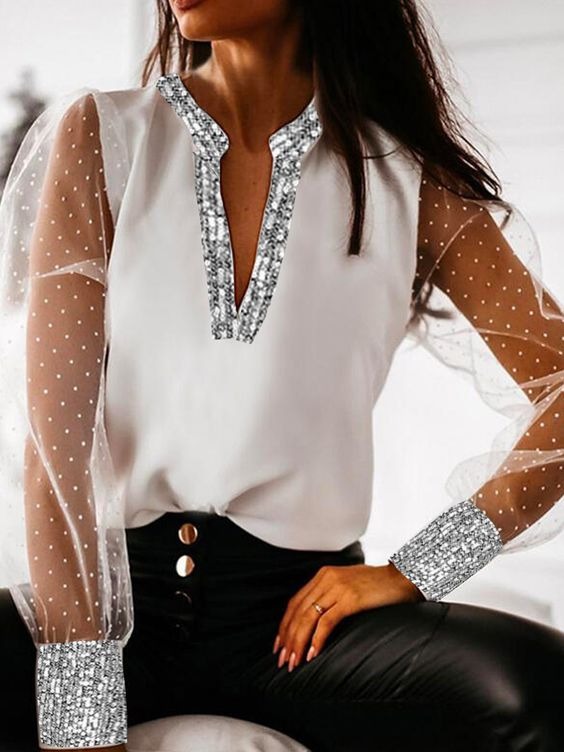 Women Tops Casual Polyester V Neck Solid Blouse