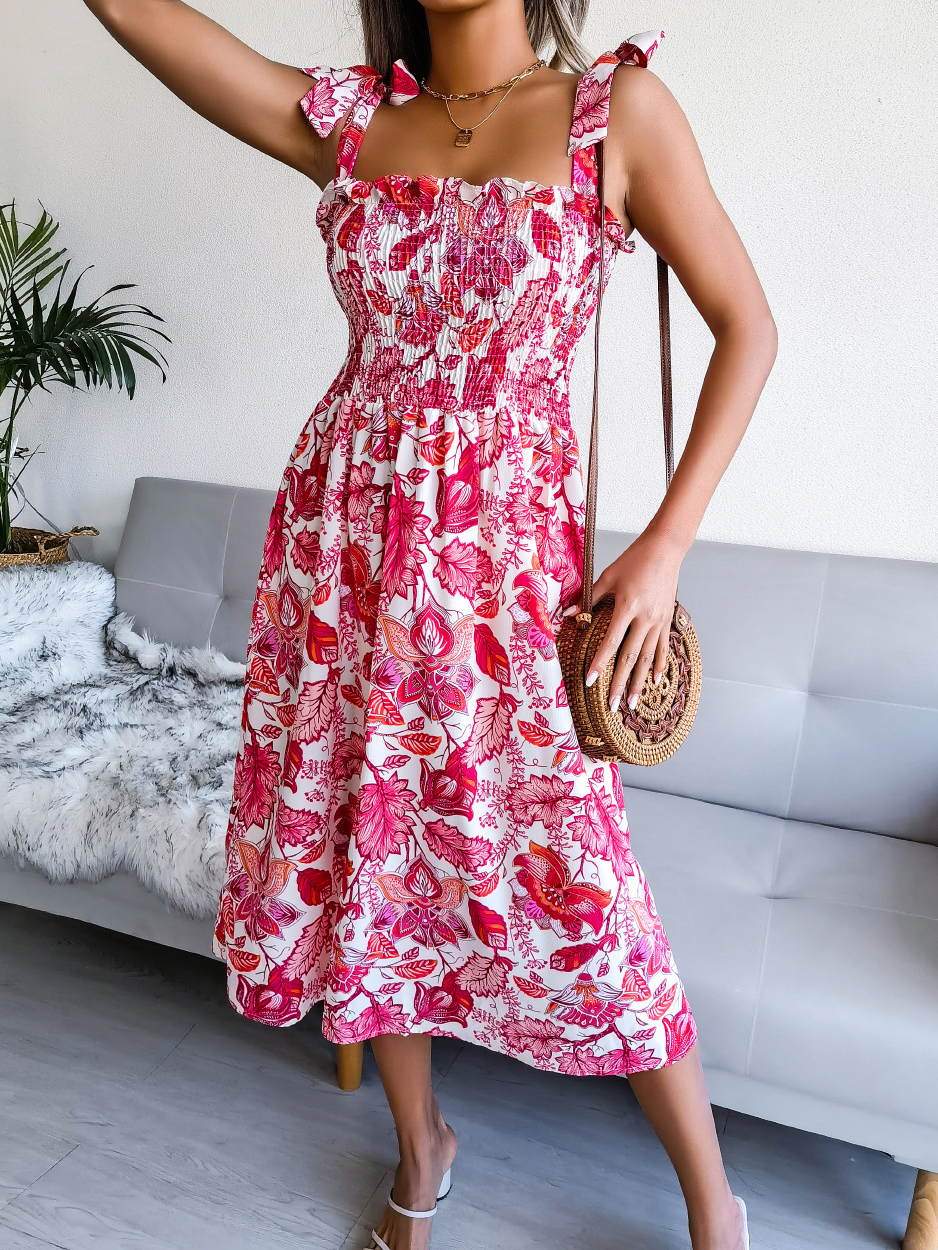 Resort Print Sleeveless Lace up Midi Dress