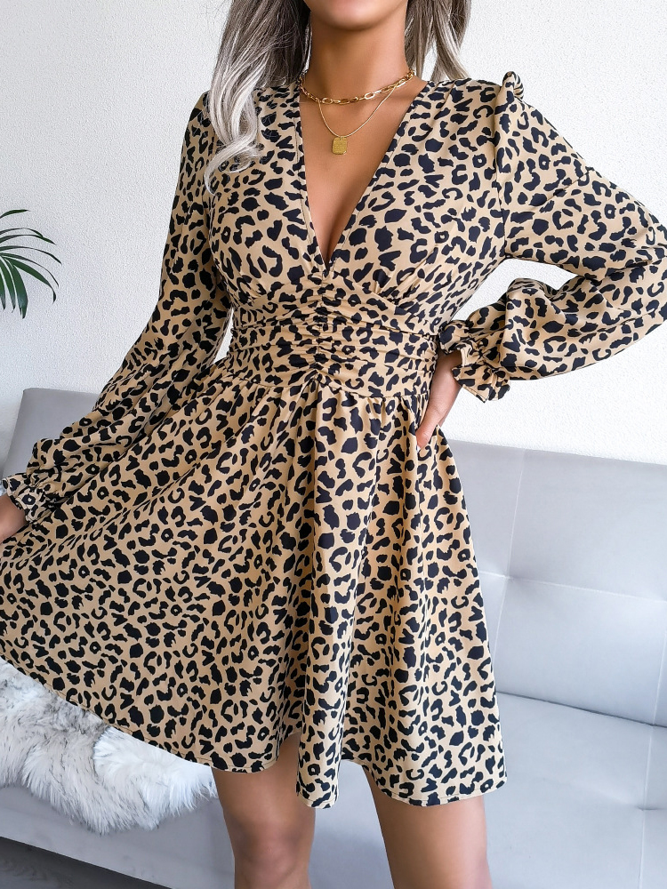 Leopard Print Waist Pleated Long Sleeve Dress
