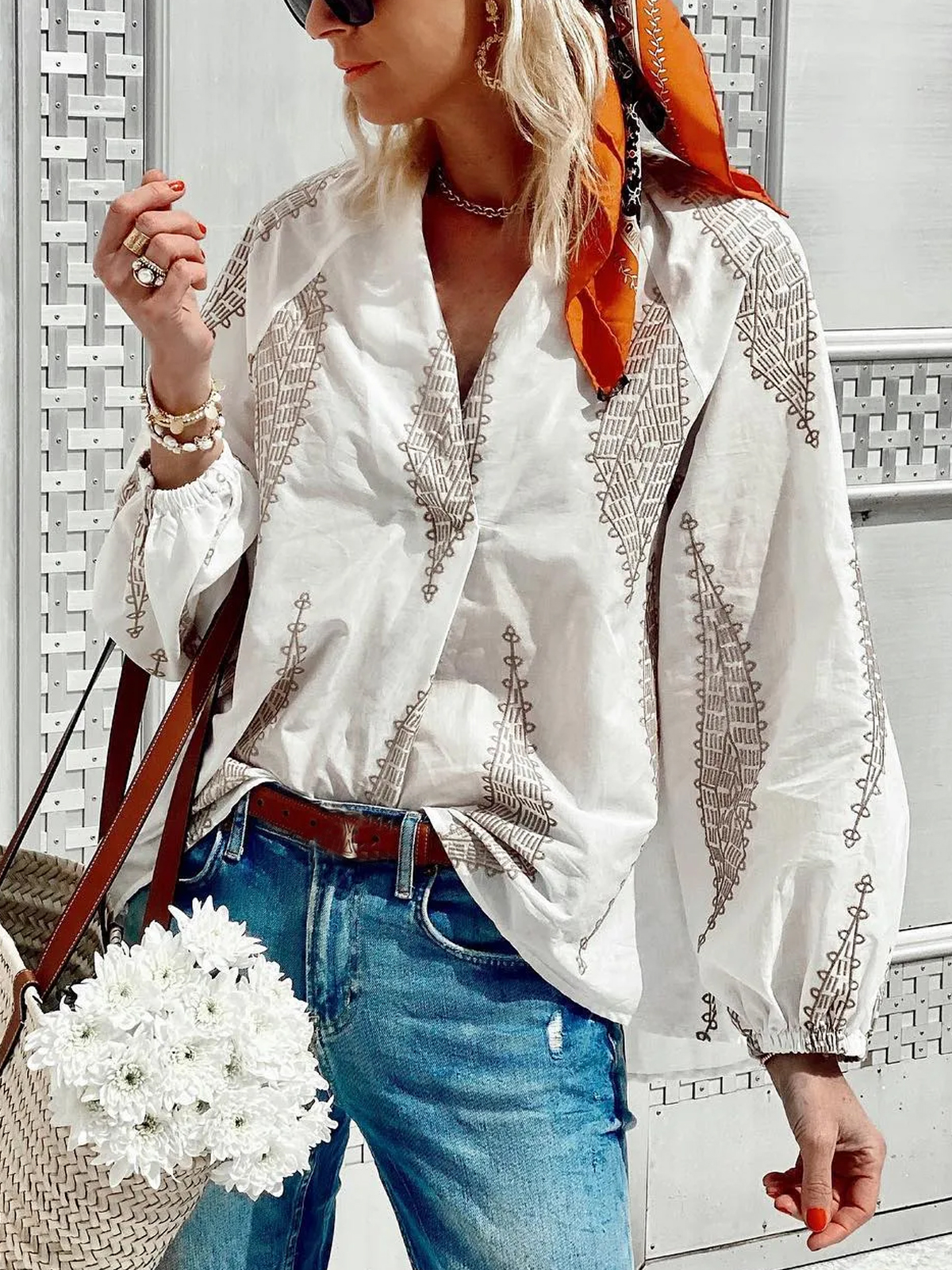 Geo Print V neck Long Sleeve Blouses