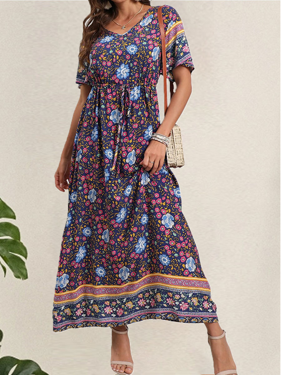 V neck Casual Loose Floral Print Short Sleeve Maxi Dress