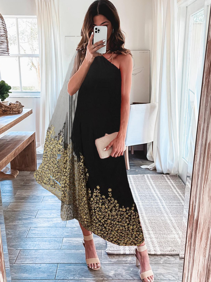 Women Fashion One Shoulder Print Holiday Dress