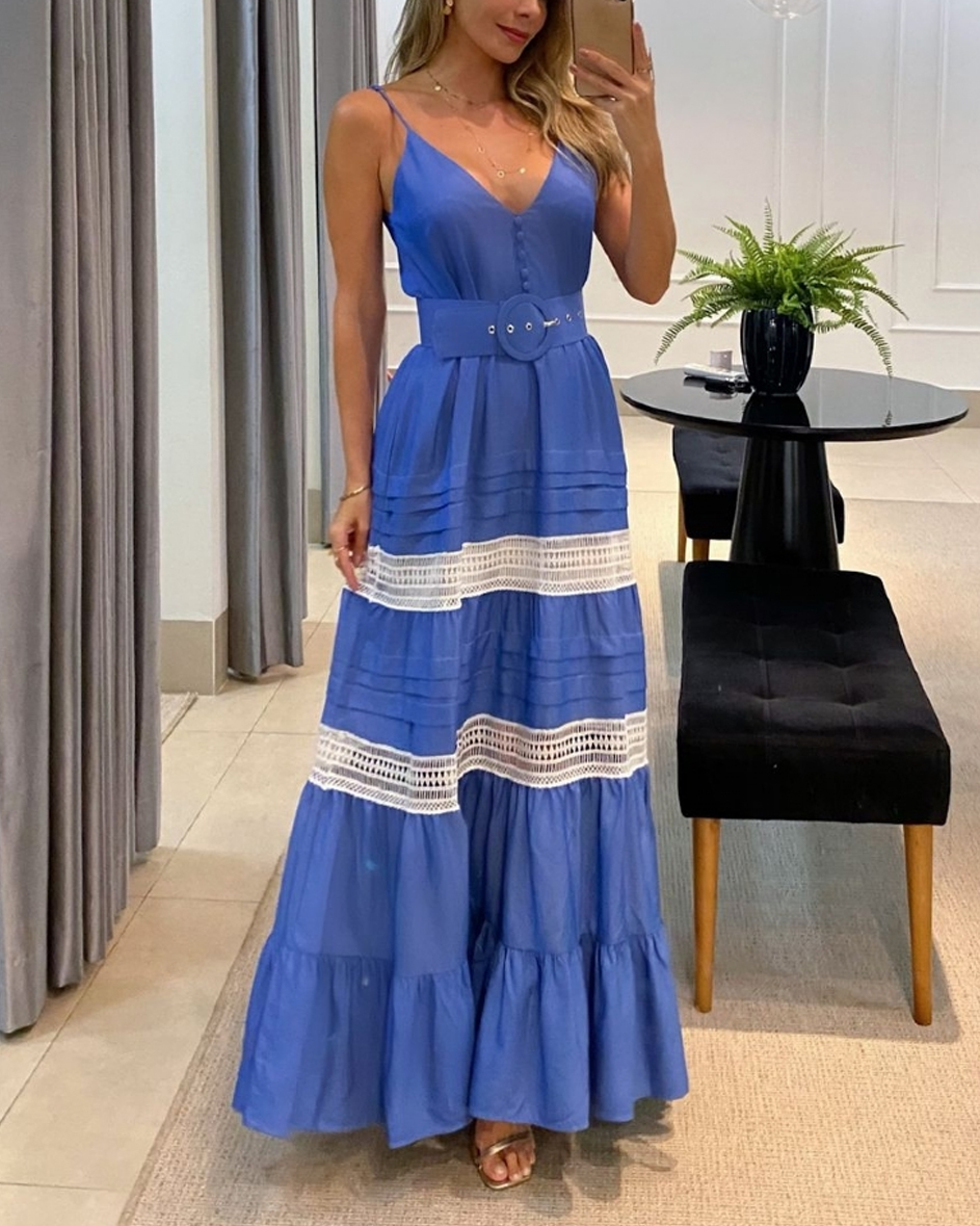 Women Elgant V neck Maxi Dress