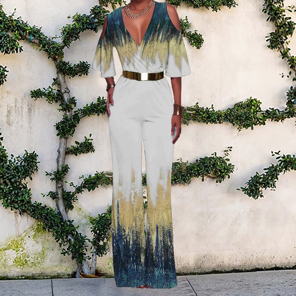 Art Print Sequin Off shoulder Short Sleeve Jumpsuit