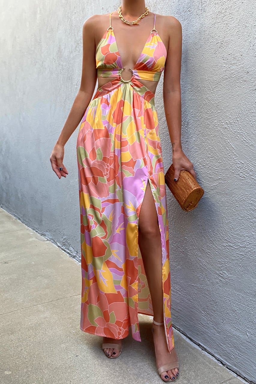 Women Elagant Floral Printed Silk Maxi Dress