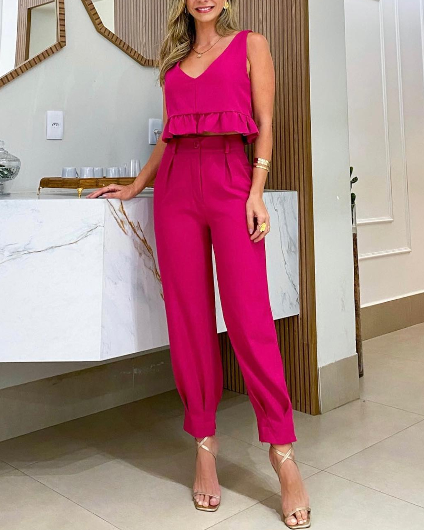 Women Elgant Solid Color Vest And Pants Two Piece
