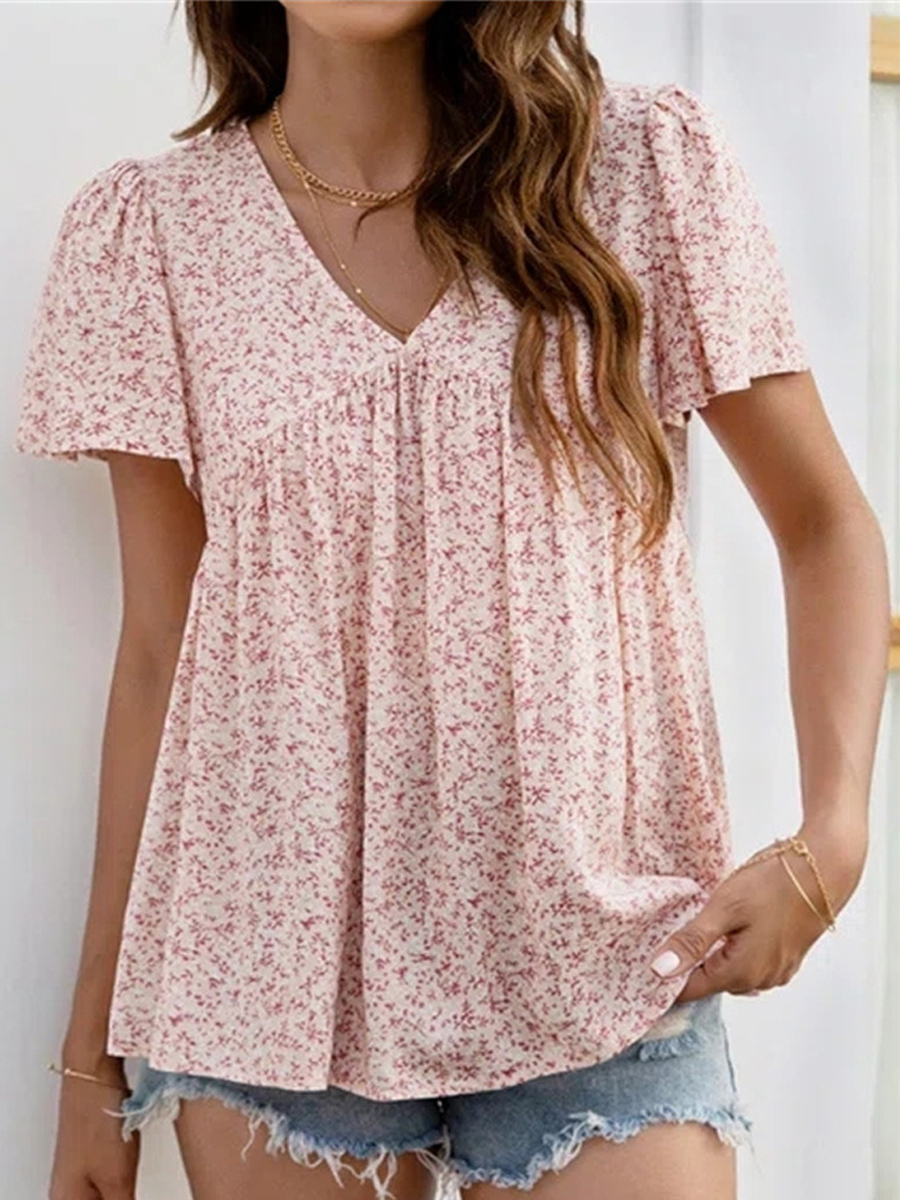 Casual Printed V Neck Small Floral Patchwork Ruffle Hem Top