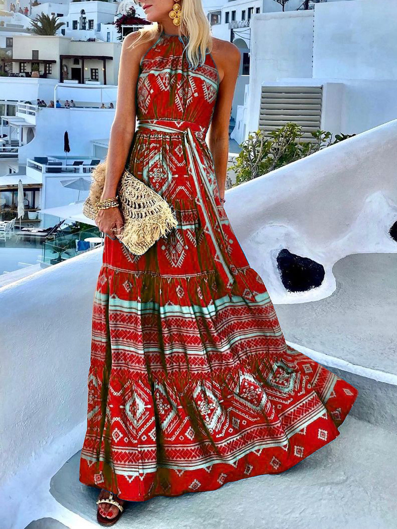 Resort Print Halterneck Sleeveless Maxi Dress