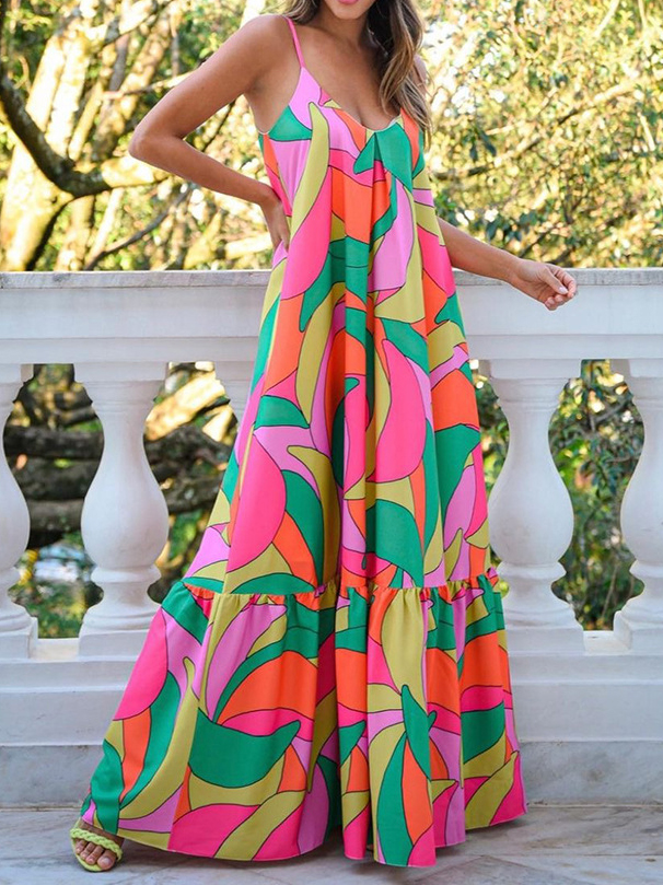 Bohemian Floral Print Deep V Backless Sling Maxi Dress