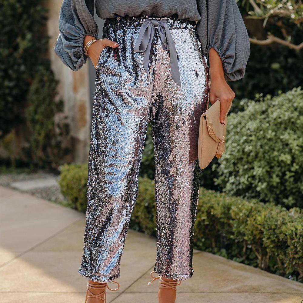 Silver Gorgeous Sequins Women's Casual Long Pants