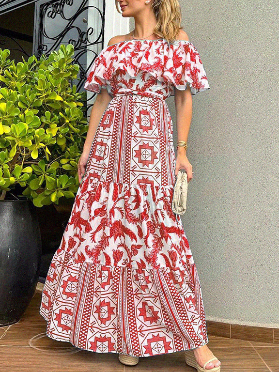 Boho print Ruffled Resort Maxi Dress