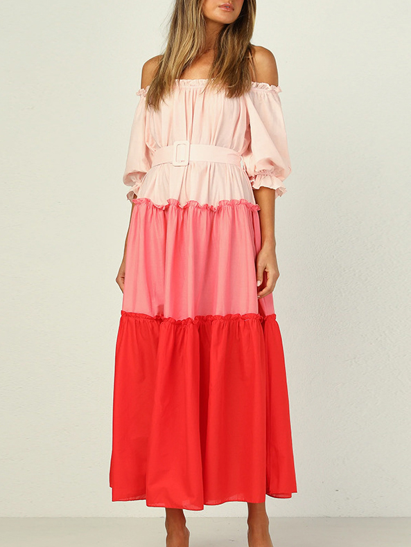 Colorblock One Shoulder Puff Short Sleeve Maxi Dress