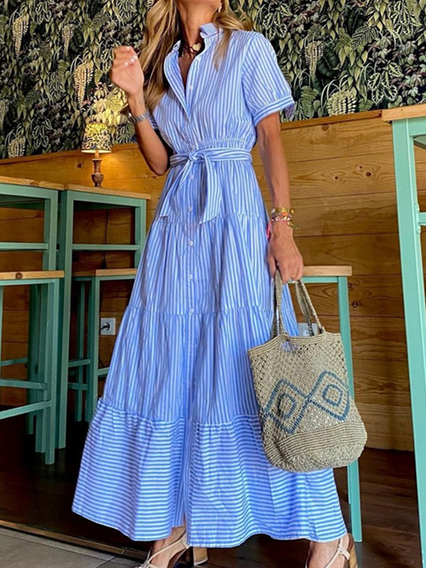 Fashion Striped Short Sleeve Loose Maxi Dress
