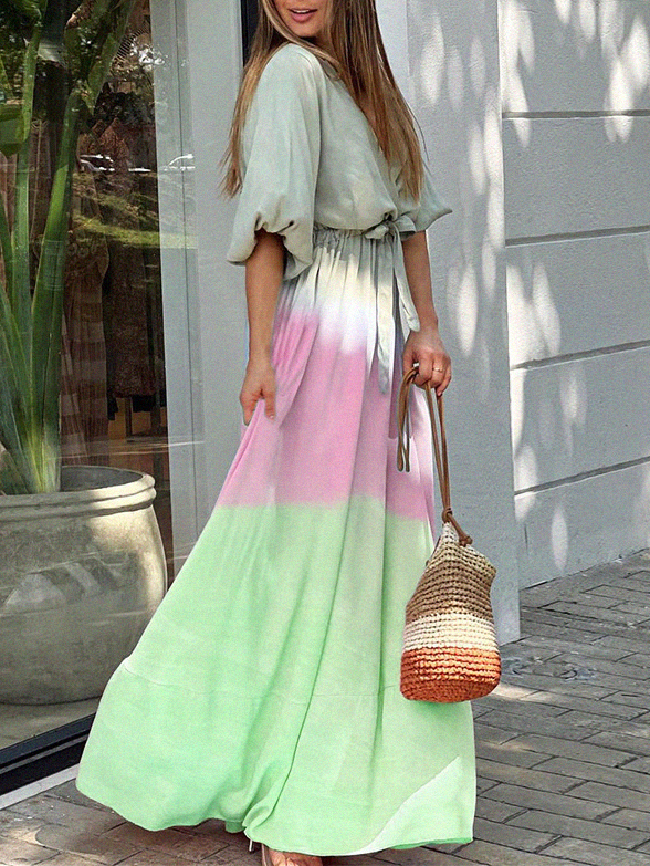 Sexy V neck Belted Tie dye Print Puff Sleeve Maxi Dress