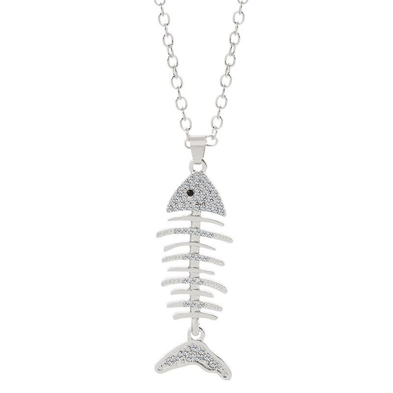 Fish Bone With Crystal Pendant Necklaces