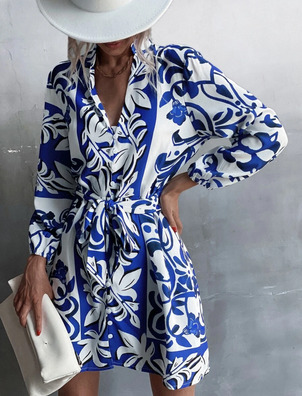 Scroll Print Single Breasted Belted Dress