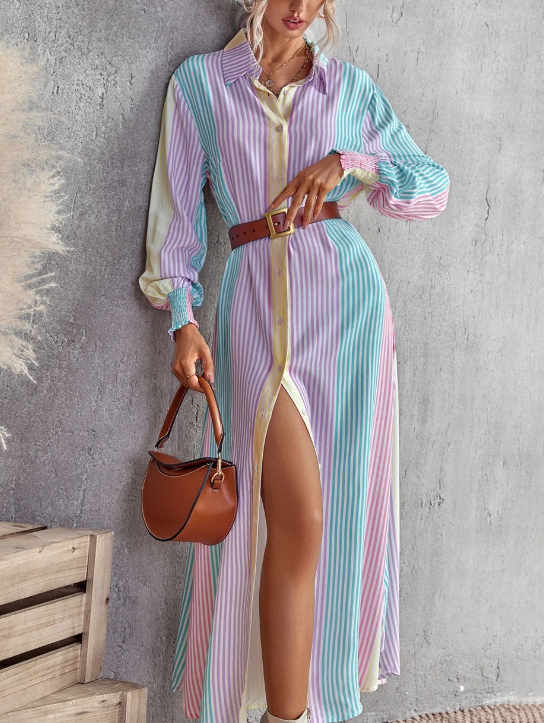Vertical Striped Shirred Cuff Shirt Dress Without Belt