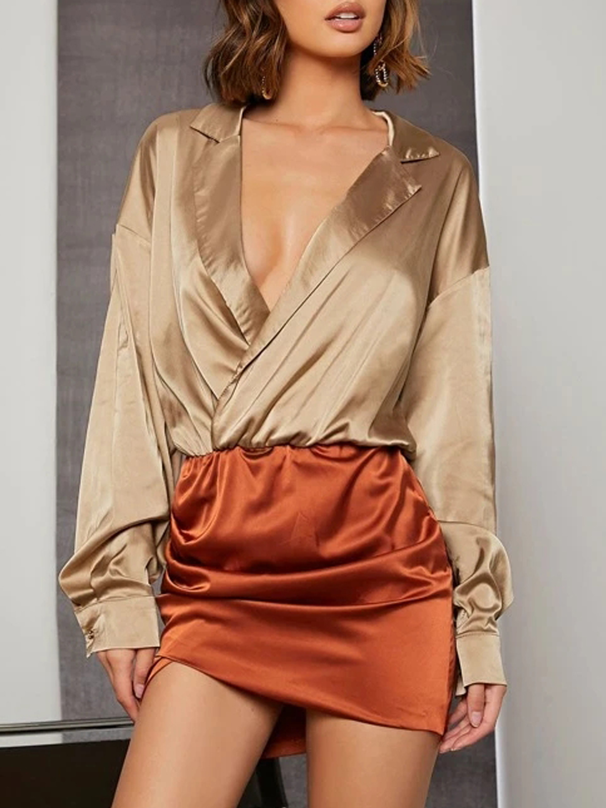 Colorblock Drop Shoulder Lapel Neck Dress