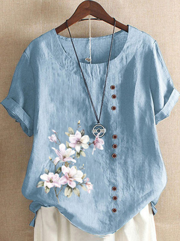 Round Neck Casual Loose Floral Print Short Sleeve Blouse