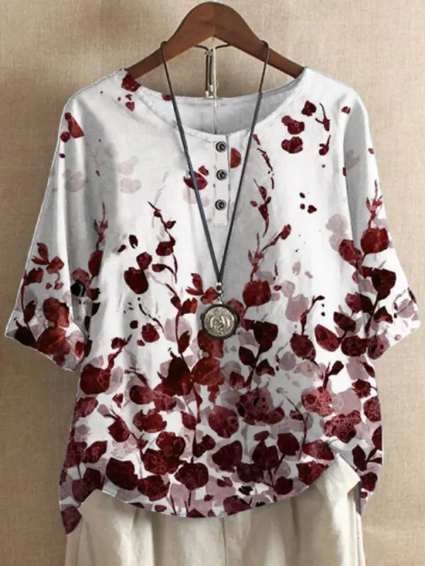 Round Neck Casual Loose Botanical Print Short Sleeve Blouse - Oasisjoy.com 