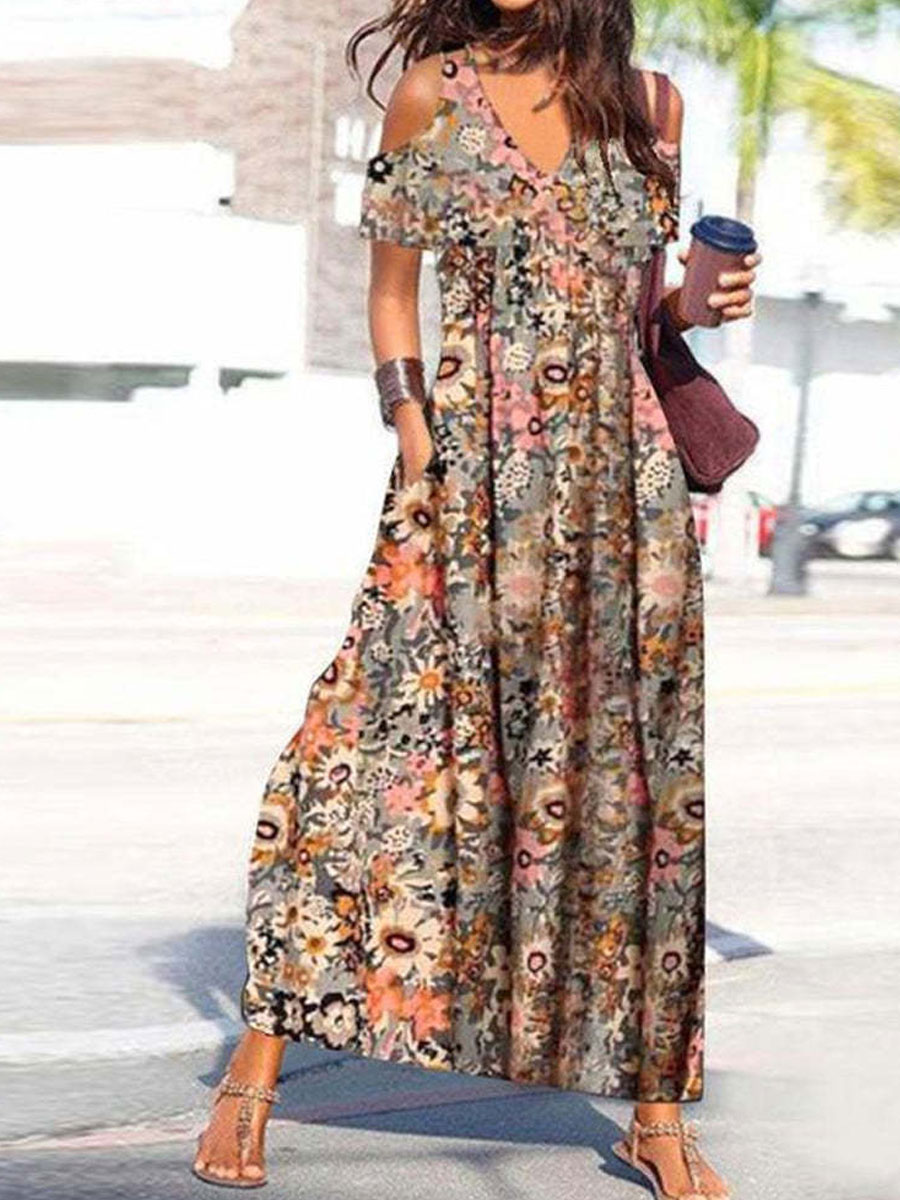 V neck Casual Loose Floral Print Short Sleeve Maxi Dress
