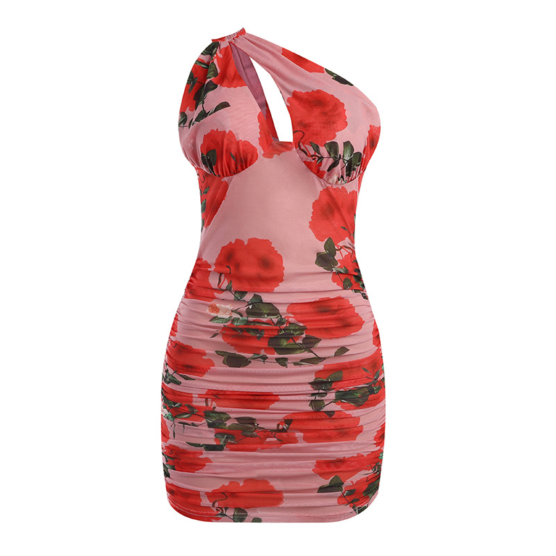 Women One shoulder Floral Bodycon Dress