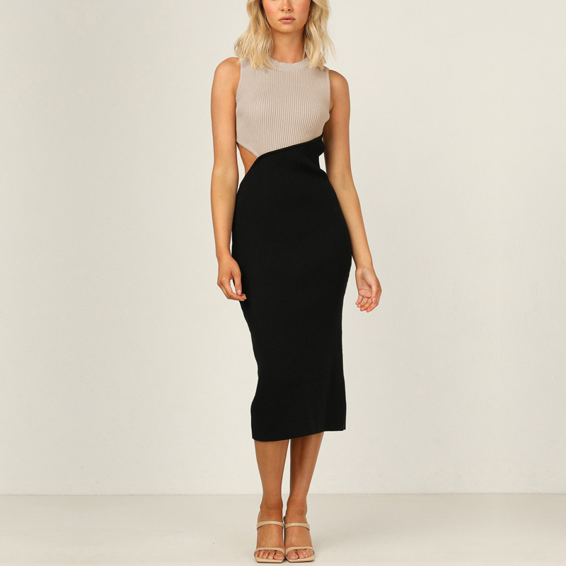 Women Elegant Color Patchwork Knited Bodycon Dress