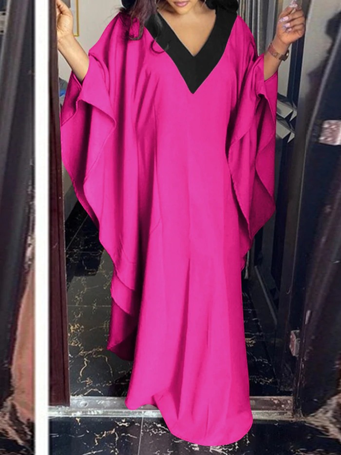 Women's Fashion Ramadan Solid V neck Holiday Kaftan Dress