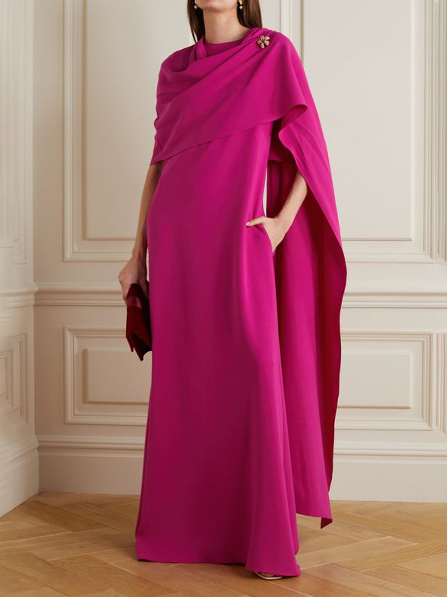 Women's Elegant Gorgeous Rose Red Shawl Style Banquet Dress With Hand Pockets