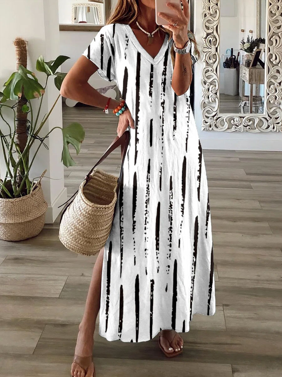 V neck Casual Loose Art Line Print Short Sleeve Maxi Dress
