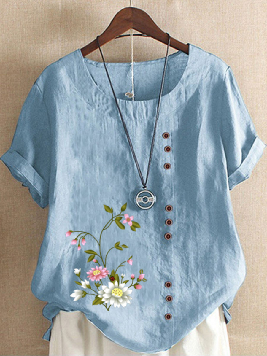 Round Neck Casual Loose Floral Print Short Sleeve Blouse
