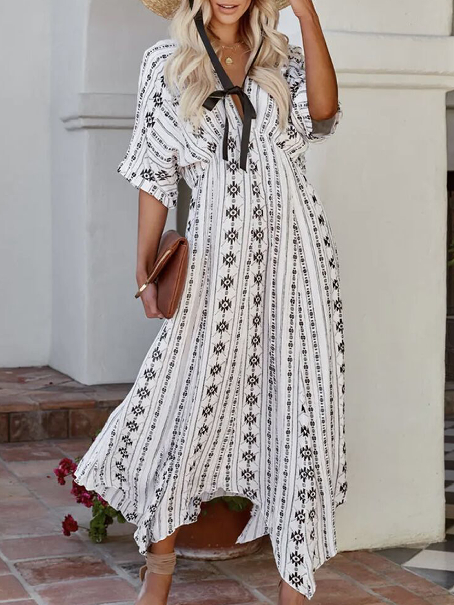 Summer Bohemian V Neck Short Sleeve Beach Dress
