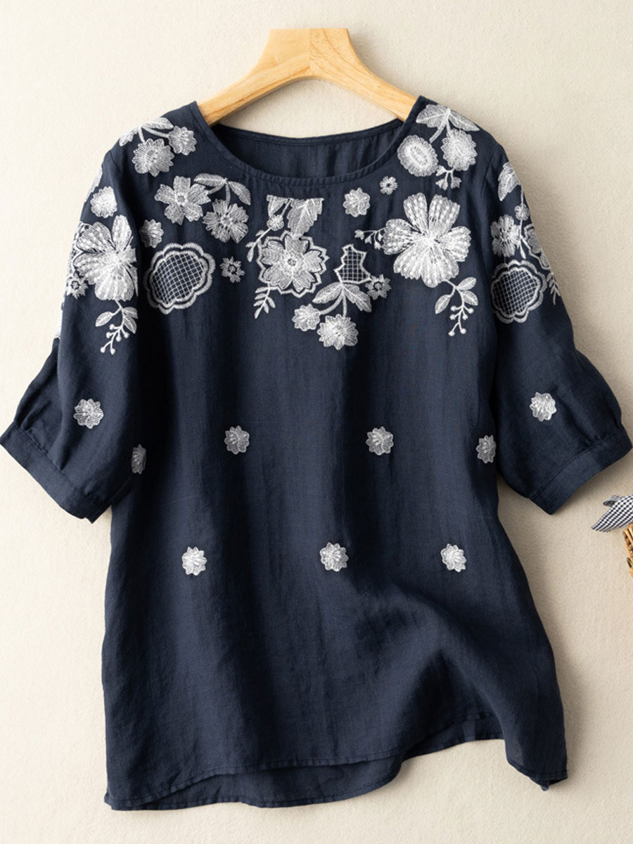 Round Neck Casual Loose Embroidered Short Sleeve Blouse