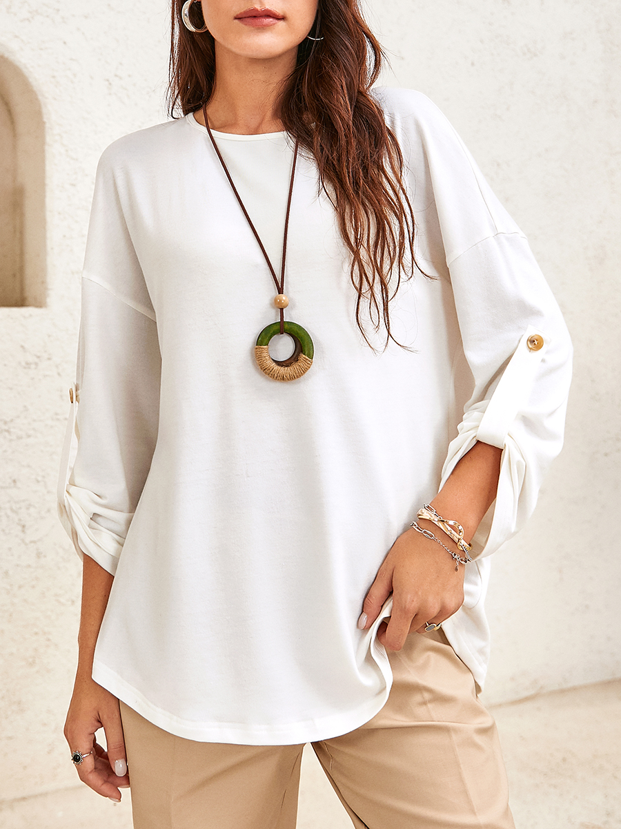 Pure Color Knitted Casual Round Neck Long Sleeve T Shirt