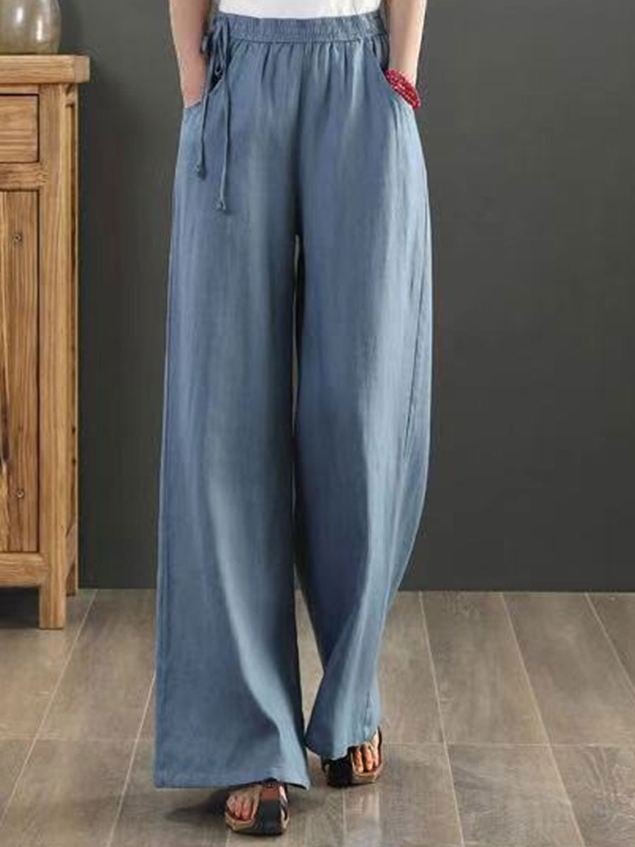 Casual Loose Solid Color Elastic Waist Pants