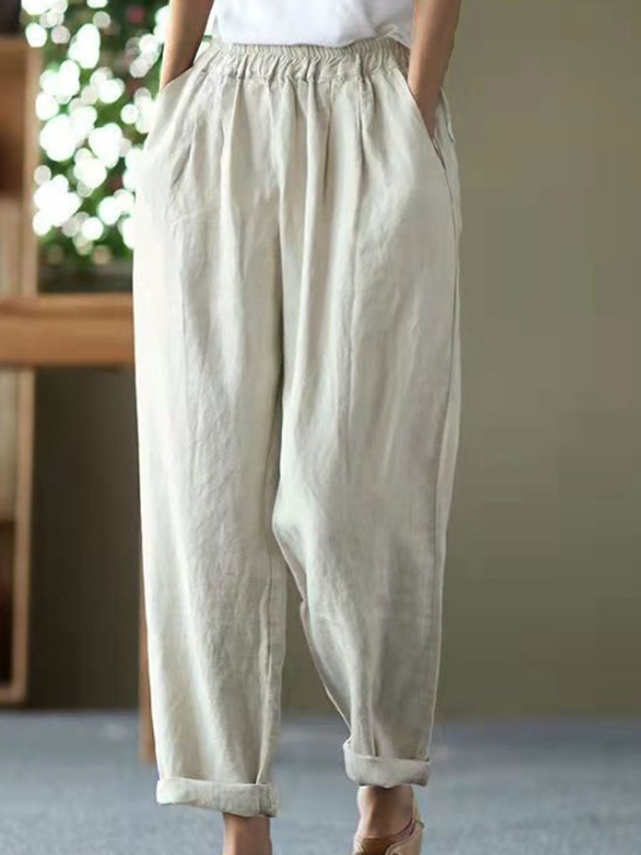 Casual Loose Solid Color Elastic Waist Pants