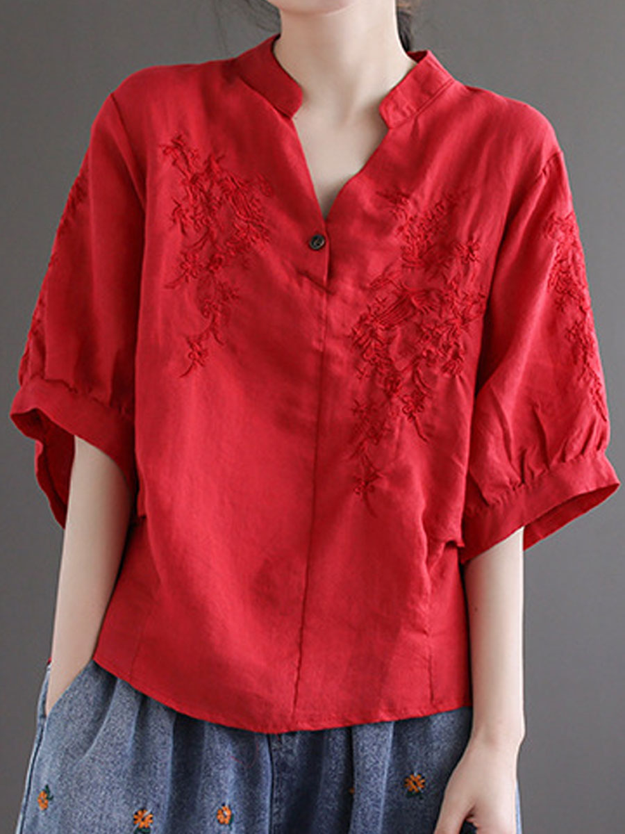 V neck Casual Loose Floral Embroidered Short Sleeve Blouse