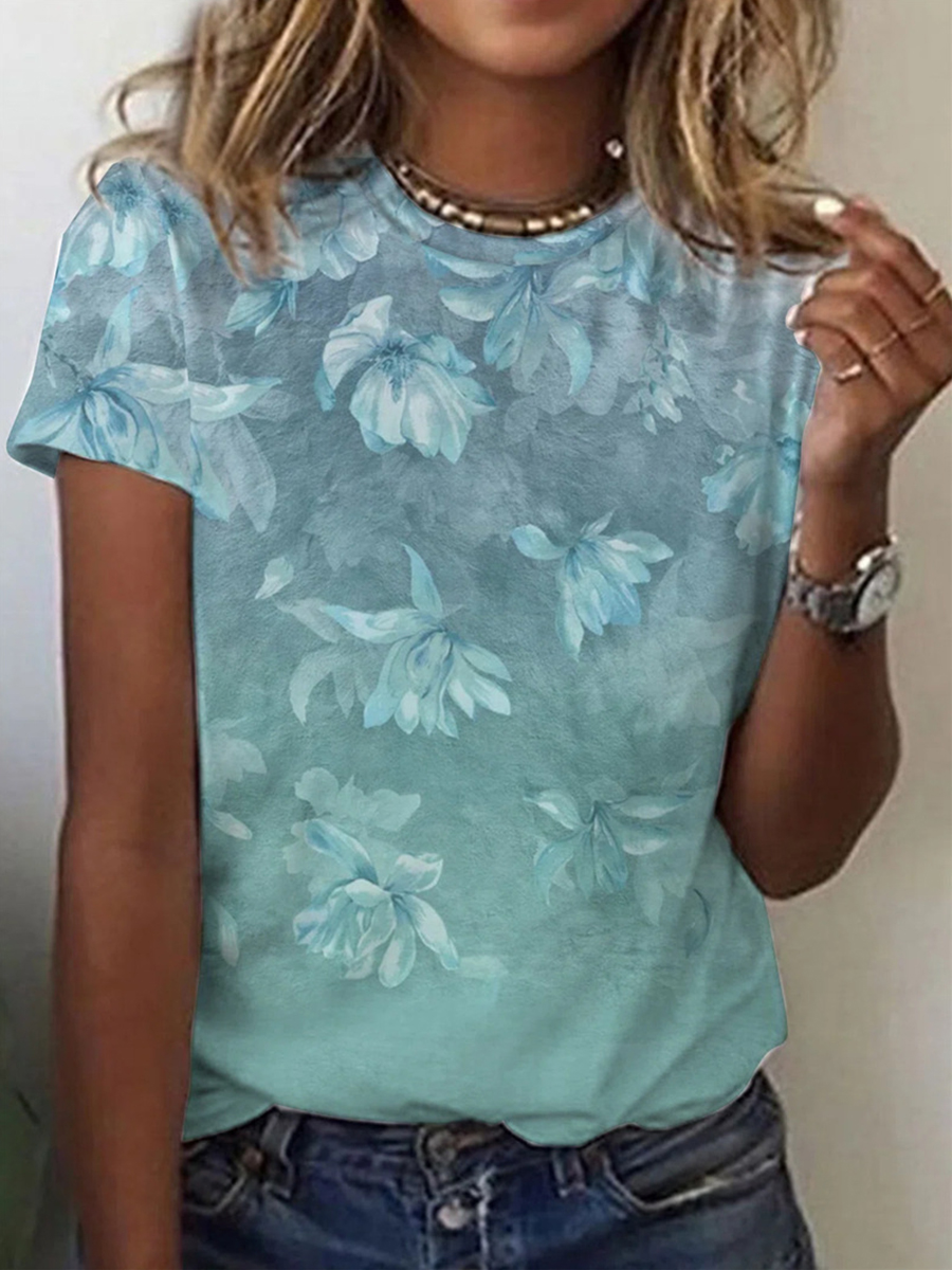 Summer Floral Leaf Print Short Sleeve V Neck T Shirt