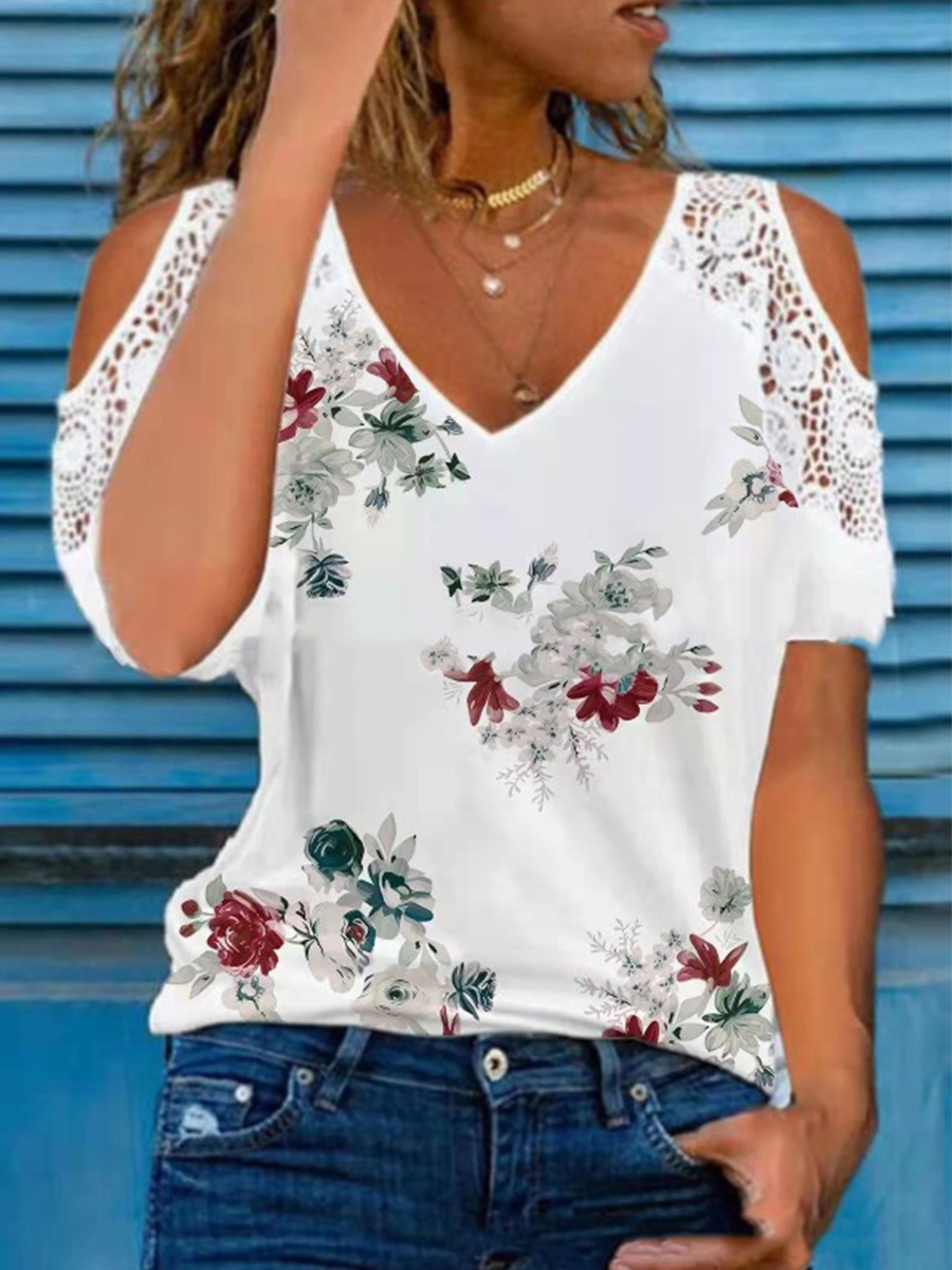 Summer V neck Lace Short sleeved Print T shirt
