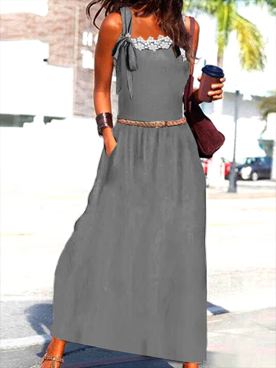 Vintage Solid Color Sleeveless Crew Neck Maxi Dress