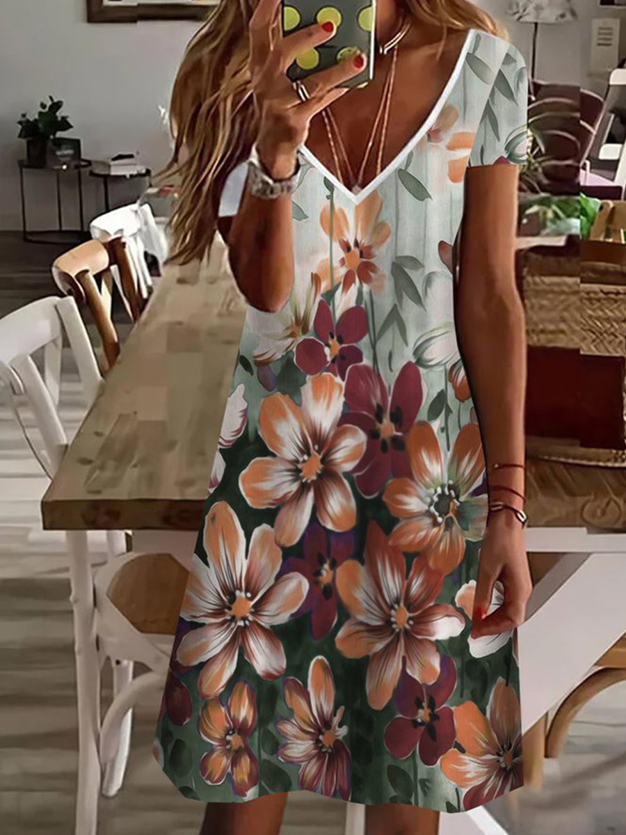 V Neck Floral Loosen Short Sleeve Dress