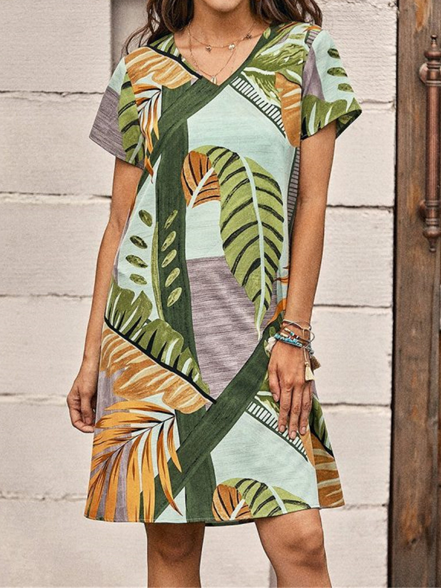 Loose Casual Printed V Neck Short Sleeve Short Dress