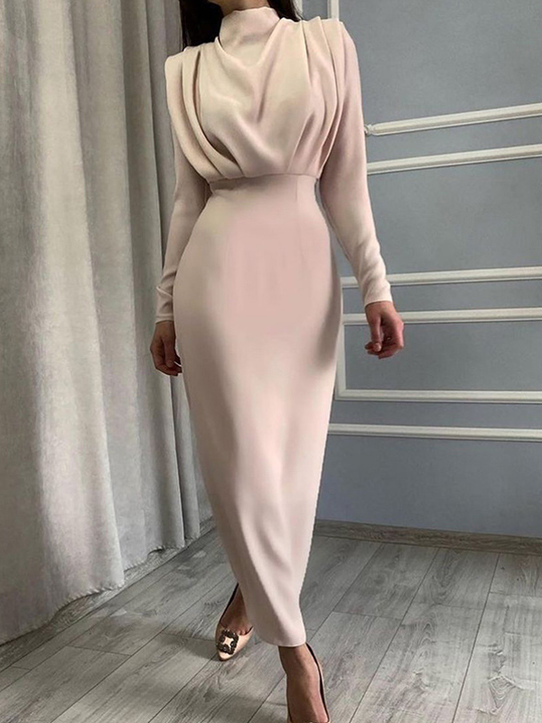 Ladies Elegant New Fashion Temperament Waist Solid Color Long sleeved Casual Dress