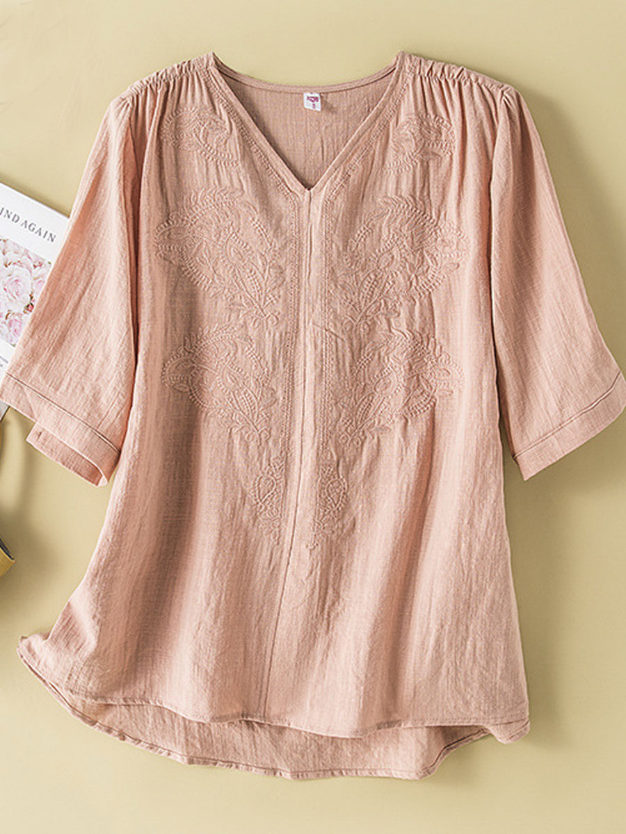 V neck Casual Loose Embroidered Short Sleeve Blouse