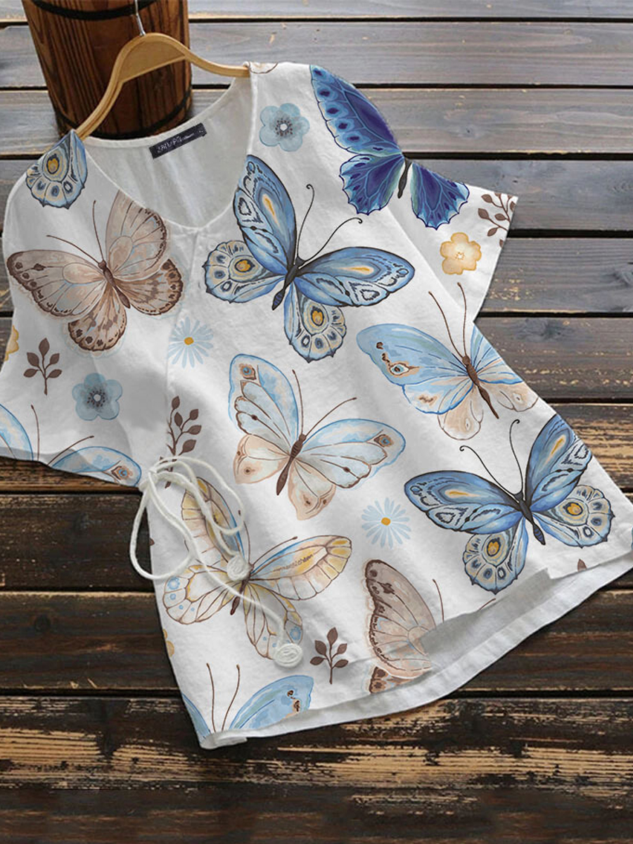 Casual Print Loose V Neck Short Sleeve Shirt