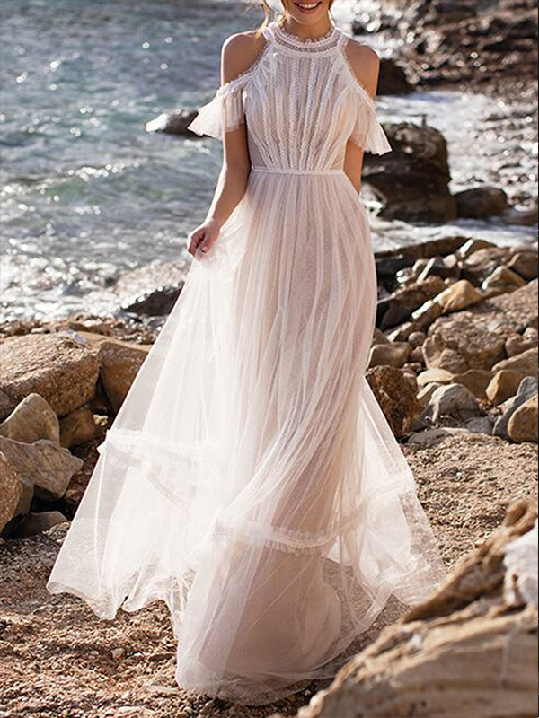 Ladies Fashion Solid Color Round Neck Off Shoulder Dress