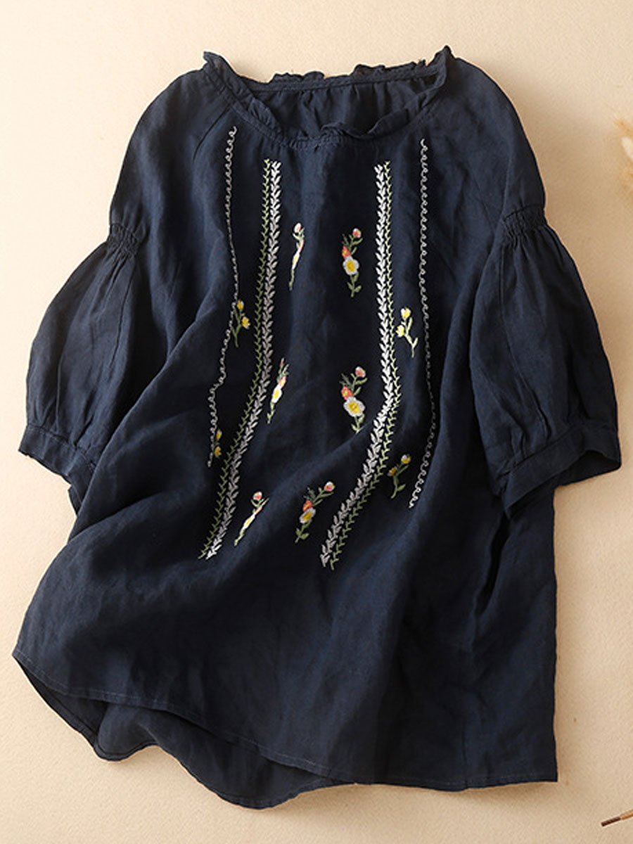Round Neck Casual Loose Embroidered Short Sleeve Blouse