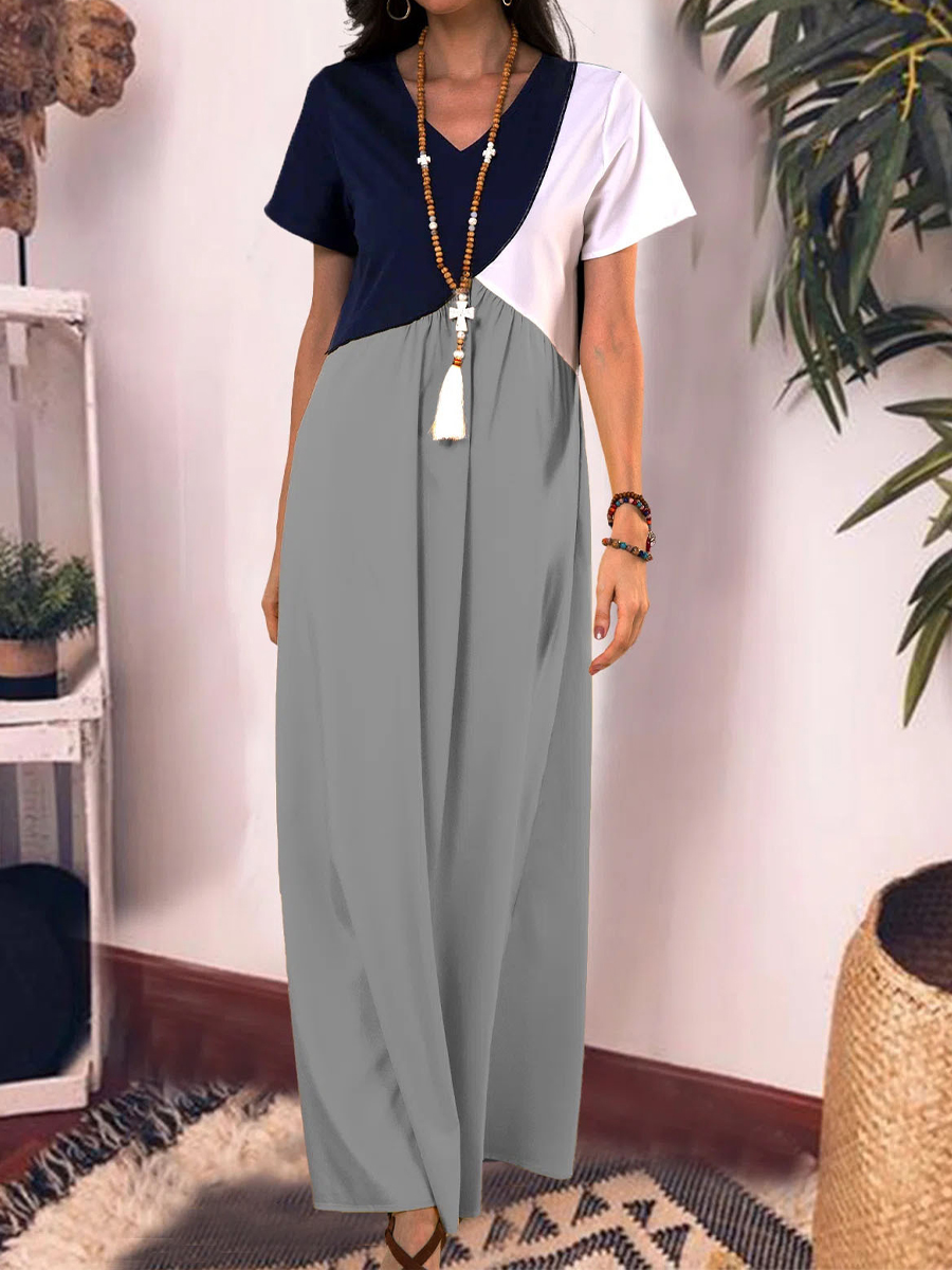 Casual Contrast Panel V Neck Short Sleeve Maxi Dress